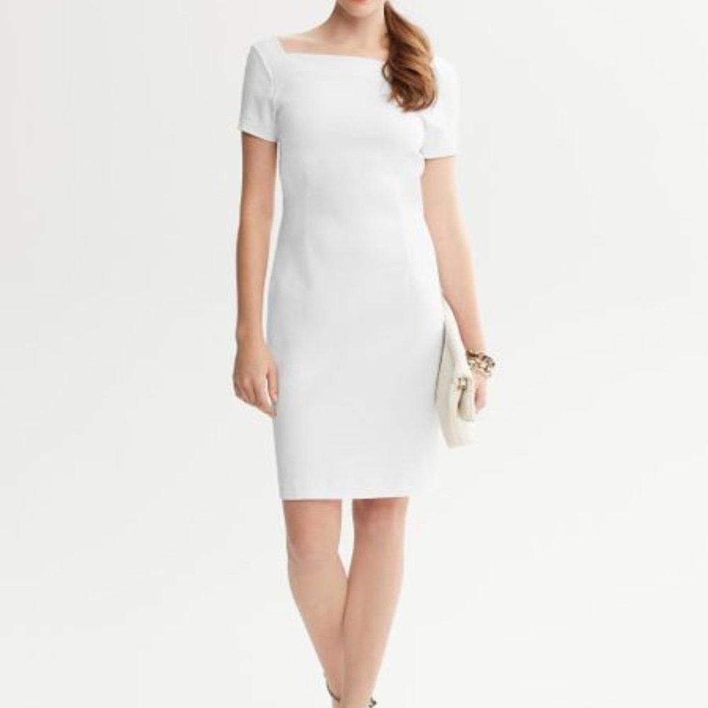 BR White Square Neck Sheath Work/Office Dress